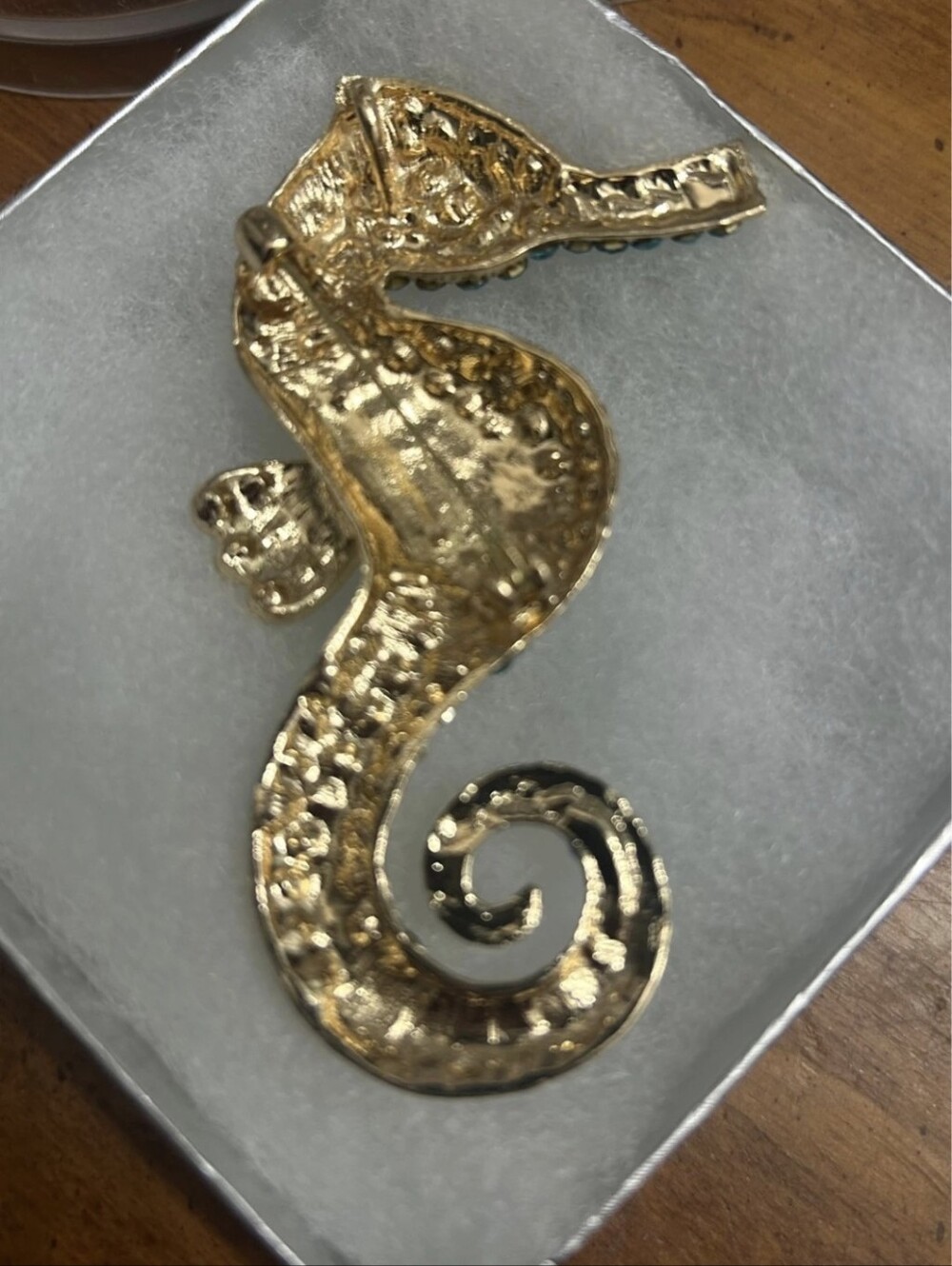 Seahorse Crystal Brooch - Gold Tone with Aqua Blue Crystals - Picture 2 of 2